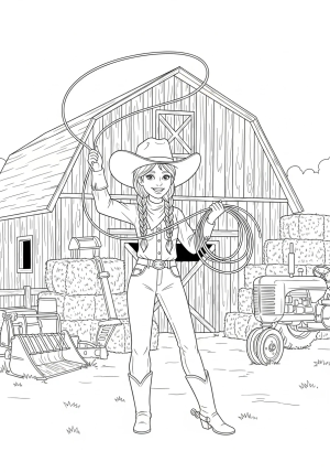A cheerful cowgirl with braided hair holding a lasso in front of a barn, surrounded by hay bales and farm equipment.