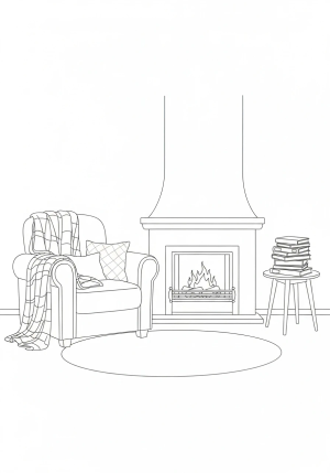A peaceful living room scene with a comfortable armchair surrounded by cozy blankets, a warm fireplace, and a stack of books on a side table