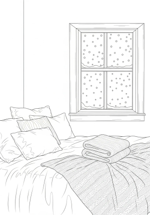 A charming rustic bedroom with a soft bed topped with fluffy pillows, a knitted throw, and a window revealing a gentle snowfall outside