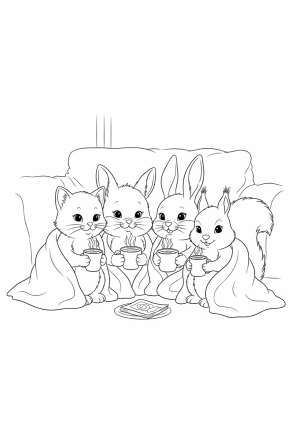 A friendly group of cozy animals, including a kitten, a rabbit, and a squirrel, gathered together with blankets and hot beverages, in a warm, inviting setting