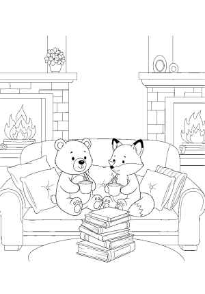 Two adorable friends, a bear and a fox, sitting on a comfy sofa with a cup of tea and a stack of books, surrounded by cozy pillows and a roaring fireplace