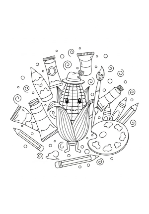 A whimsical scene of a cheerful corn cob character wearing a tiny hat and holding a paintbrush, surrounded by creative art supplies and playful patterns