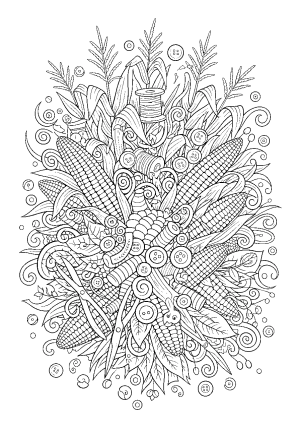 An intricate design of a corn field with tall stalks intertwined with crafty elements like ribbons, buttons, and sewing tools, all animated with lively details