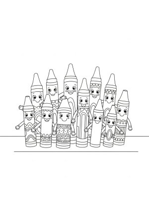 A cheerful group of various crayons with smiling faces standing together on a table, each with detailed patterns on their wrappers