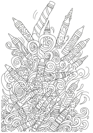 A whimsical scene of crayons happily bouncing and swirling around in a playful artistic chaos with intricate decorative elements