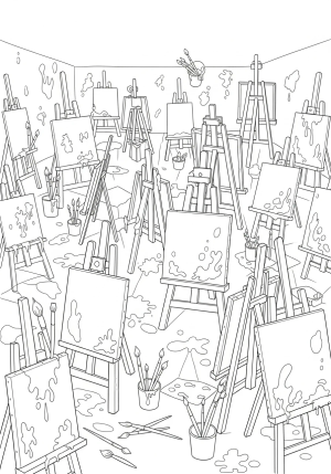 A whimsical scene of a bustling art studio with easels, paintbrushes, and splattered paints, capturing the creative chaos.