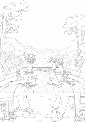 A peaceful outdoor workshop with a wooden table, various crafting tools, and natural surroundings, showcasing hands-at-work in creation.