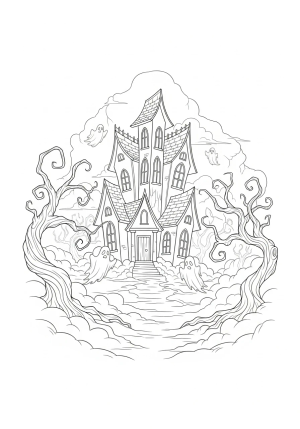 A haunted house with jagged windows, ghostly figures floating around, and twisted, gnarled trees emerging from a foggy landscape