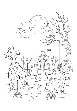A spooky graveyard scene featuring cracked tombstones, crawling spiders, and a lurking creepy crawl beneath a full moon