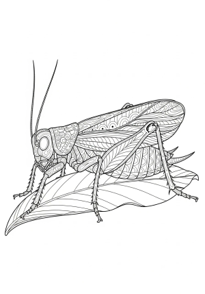 A detailed illustration of a cricket perched on a leaf with intricate patterns on its wings and body