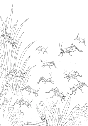 A lively scene featuring multiple crickets hopping through a garden filled with grass, flowers, and plants
