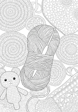 A detailed illustration of a skein of yarn with a crochet hook nestled inside, surrounded by various crocheted items and intricate patterns