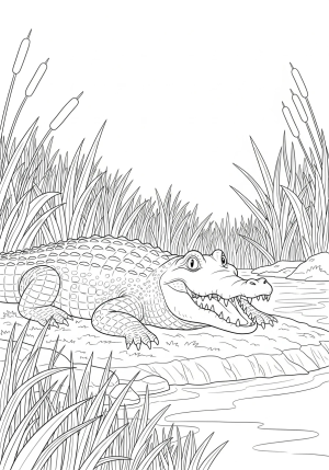 A playful crocodile resting on a riverbank with tall grass and reeds surrounding it, in a detailed black and white line drawing
