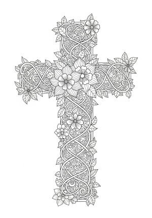 A detailed cross made from intertwined vines and flowers with intricate patterns and decorative elements