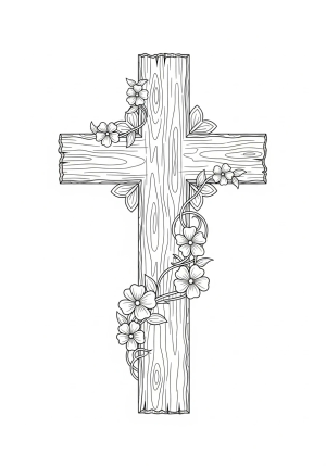 A rustic wooden cross adorned with ornate carvings and surrounded by delicate floral embellishments