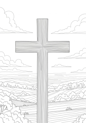 A detailed depiction of the cross with a peaceful landscape in the background, highlighting the solemnity of the scene