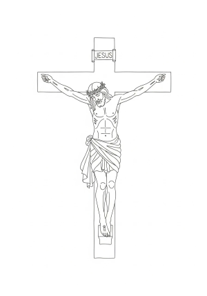 A simple yet expressive outline of the figures of Jesus on the cross with a focus on the serene expression and gentle posture