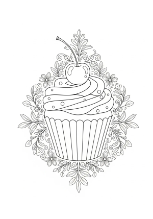 A whimsical cupcake with a cherry on top, surrounded by delicate floral patterns and ornate designs
