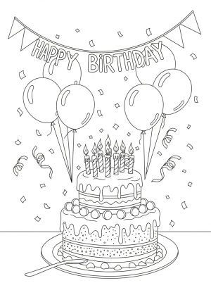 A festive birthday cake with multiple candles, surrounded by balloons and confetti, in a whimsical and detailed style