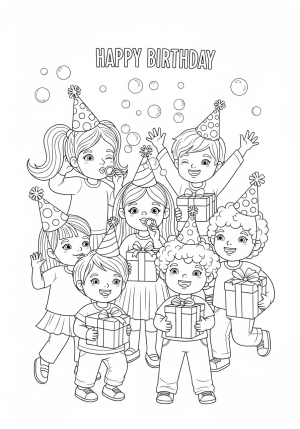 A joyful group of children wearing party hats, blowing bubbles and holding presents, set in a lively birthday celebration scene