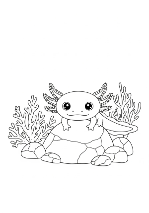 A adorable axolotl with big eyes and fluffy gills sitting on a cluster of underwater rocks with cute coral nearby