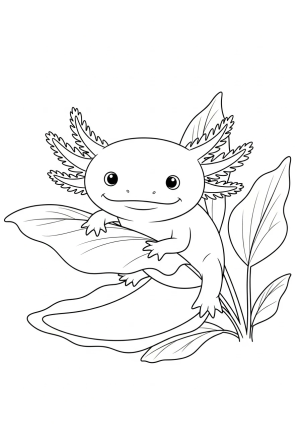 A charming axolotl lounging on a leafy water plant with a gentle smile and tiny fins fluttering gently