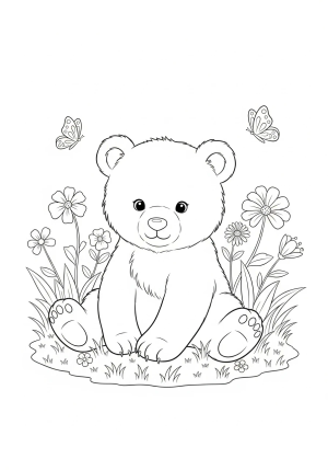 A cute bear cub sitting on a patch of grass surrounded by flowers and butterflies.