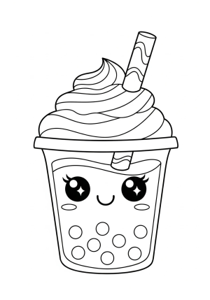 A cute, smiling boba tea cup with large sparkling eyes, topped with a generous swirl of whipped cream and a fun, wavy straw.