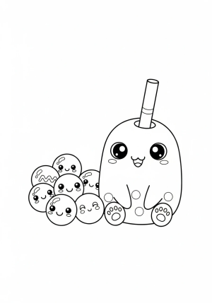 An adorable boba character with big round eyes and tiny paws, sitting happily next to a cluster of tapioca pearls with playful, wiggly lines.