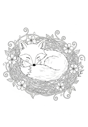 A whimsical scene of a cute fox curled up in a cozy nest surrounded by delicate flowers and swirling vines