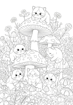 An adorable collection of chubby kittens playing among oversized mushrooms and flowering plants in a magical garden
