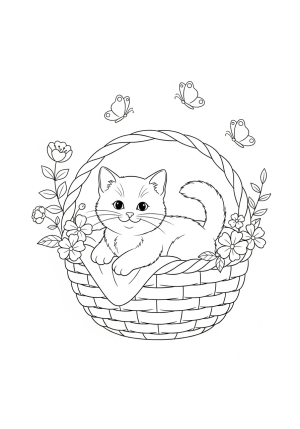 A cheerful kitten sitting inside a cozy basket surrounded by tiny flowers and playful butterflies