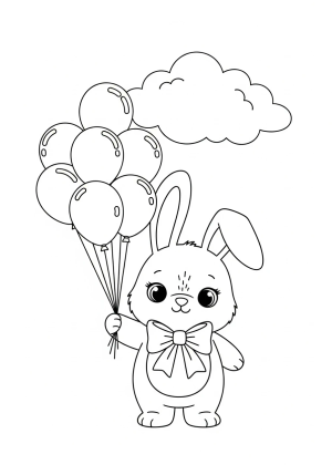 A sweet bunny wearing a big bow tie, holding a bunch of floating balloons with a happy cloud overhead
