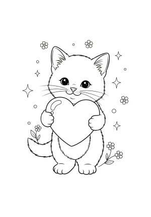 A adorable kitten holding a big heart with a sweet expression, surrounded by tiny flowers and stars