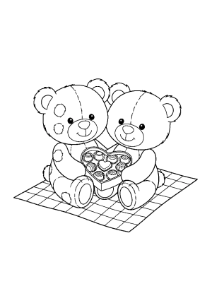 Two cute teddy bears sitting together on a picnic blanket, sharing a heart-shaped box of chocolates with happy faces