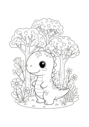 A adorable baby dinosaur with big eyes and tiny arms standing happily among whimsical trees and flowers