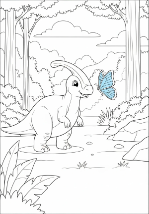A cute, chubby dinosaur with a friendly smile and short legs playing with a butterfly in a lush prehistoric landscape