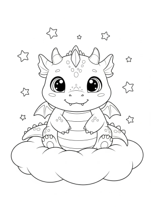 A adorable chubby dragon with big round eyes sitting happily on a cloud with gentle stars around it