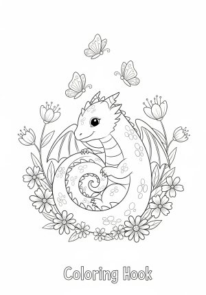 A cute tiny dragon curled up into a spiral, surrounded by whimsical flowers and playful butterflies