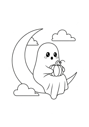 A adorable ghost sitting on a crescent moon, holding a small pumpkin, with friendly twinkling eyes and fluffy cloud accents