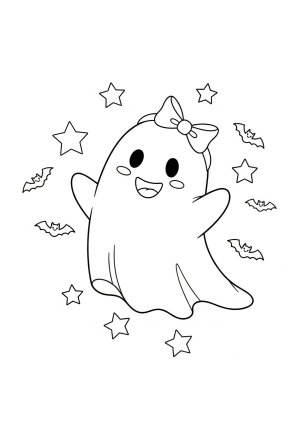 A cheerful ghost floating with a big smile, surrounded by playful stars and tiny bats, with a cute bow on its head