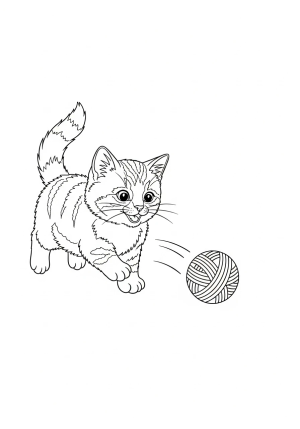 A fluffy kitten playfully chasing a bouncing ball of yarn with a cheerful expression