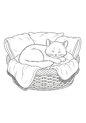 A cute kitten curled up peacefully inside a cozy basket surrounded by soft blankets