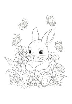 A adorable baby bunny nestled in a flower garden surrounded by smiling butterflies