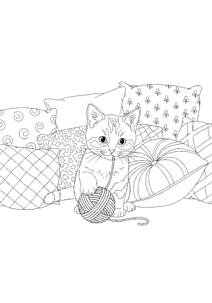 A cute little kitten playing with a ball of yarn amidst a pile of cozy cushions