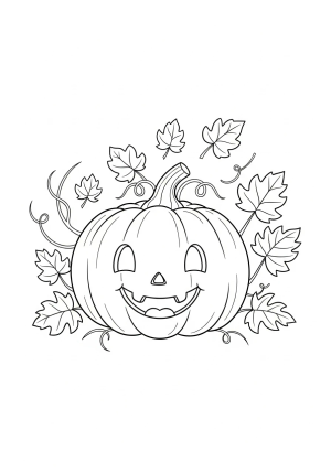 A adorable pumpkin with a friendly face, surrounded by autumn leaves and playful vines, in a whimsical style