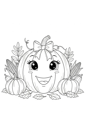 A cheerful pumpkin wearing a cute bow, with big expressive eyes and a smiling mouth, sitting amid cozy harvest elements