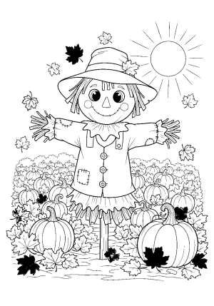 A cute scarecrow with big eyes and a friendly smile standing in a pumpkin patch surrounded by cheerful autumn leaves.