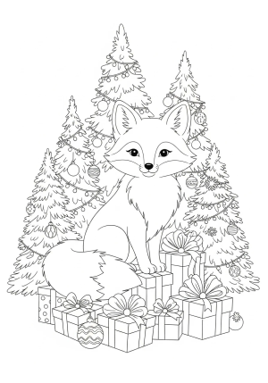 A sweet little fox with a fluffy tail sitting on a pile of presents surrounded by decorated pine trees and holiday ornaments