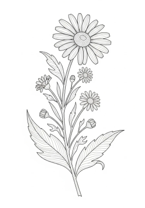 A detailed daisy flower with a long, slender stem and leaves, surrounded by smaller blossoms and intricate line patterns